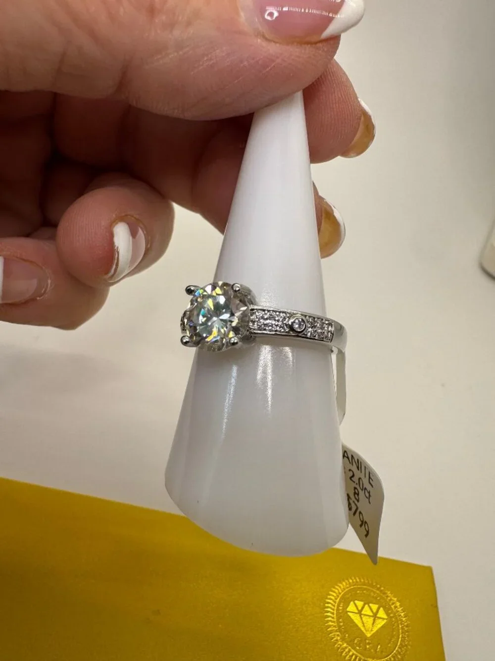 2.0 ct  Moissanite Size 8 Round Solitaire Ring with Pave Silver GRA Certified